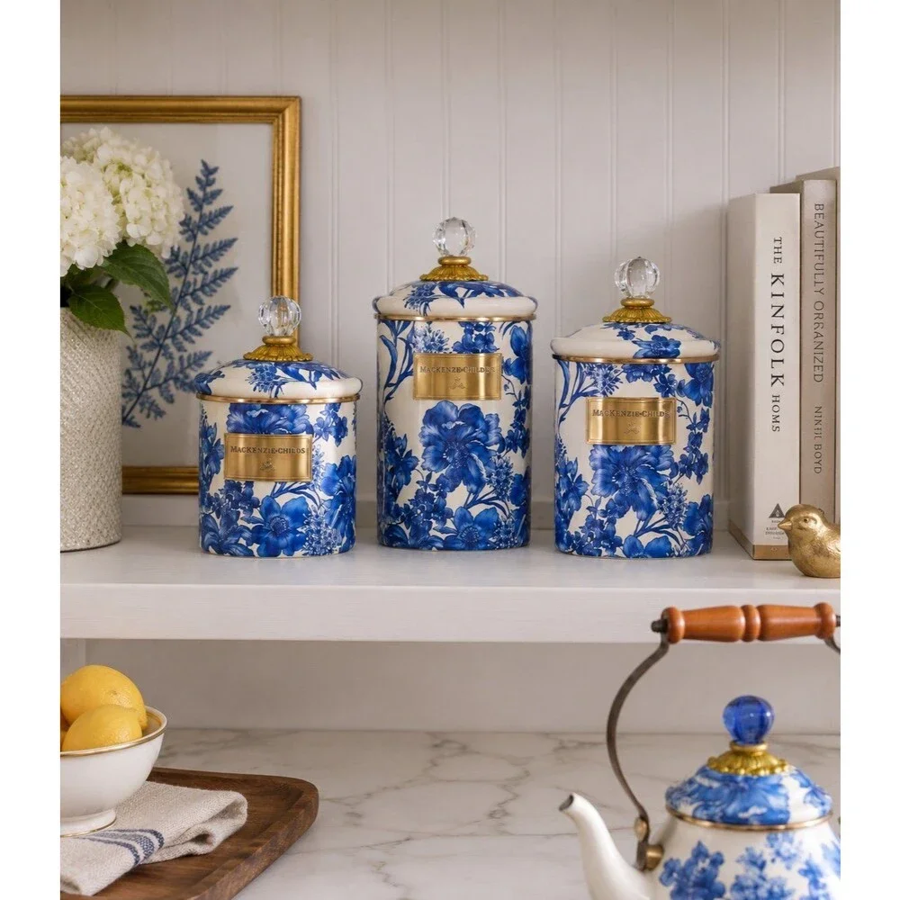 MacKenzie-Child Royal English Canister Blue and White 3pc Set New NIB